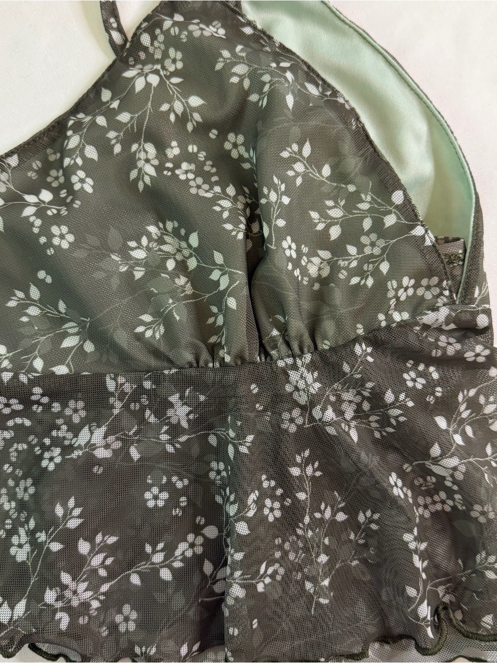 Cider Floral Mesh Ruffle Cami XL Green Sheer Babydoll Crop Top Cottagecore - Picture 5 of 6